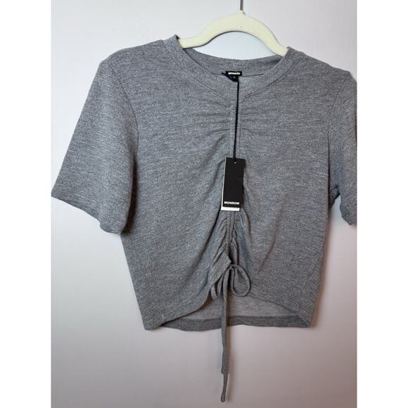 Monrow Women's Gray Supersoft Short Sleeve Front Shirred Tee Top $108 Size - Picture 1 of 8